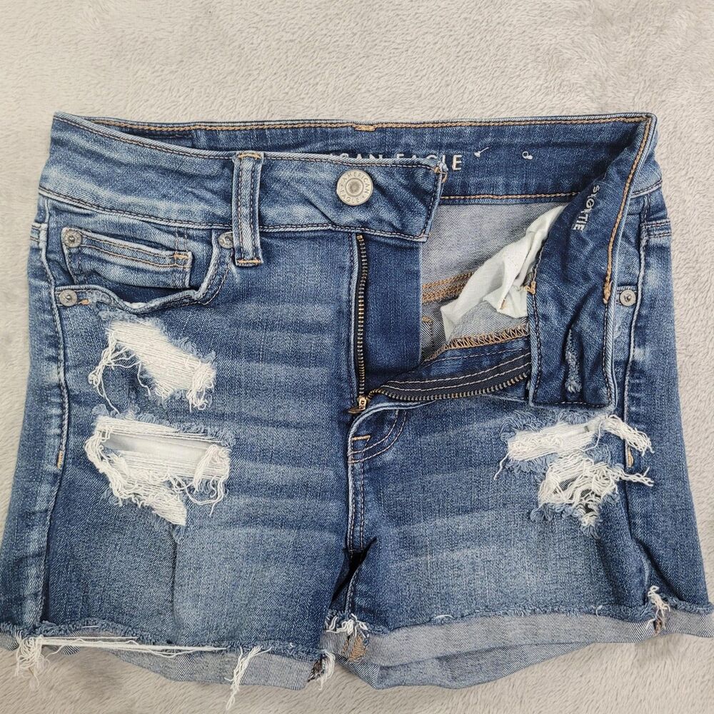 American Eagle Outfitters Denim Shorts Womens 4 Blue Distressed Cut Off Fringe